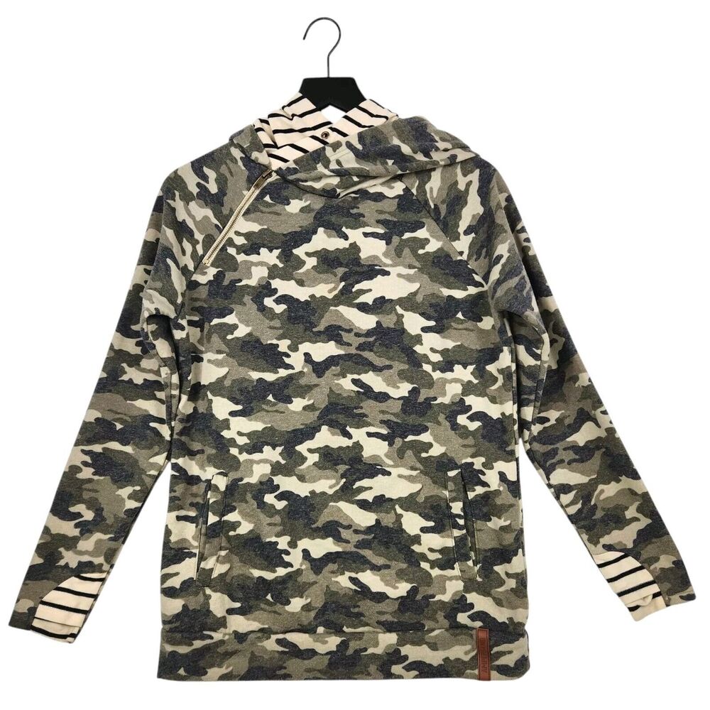Ampersand‎ Avenue Women's Hoodie Medium Camo Striped Double Hood Sweatshirt